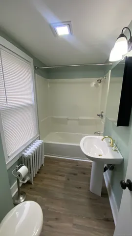 a bathroom with a sink mirror and toilet