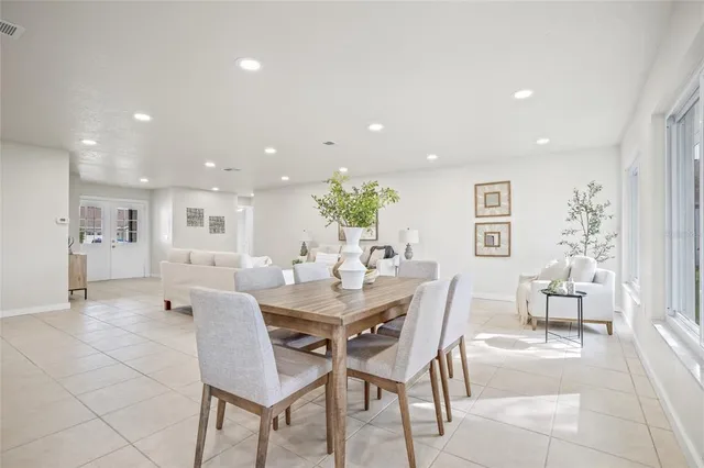a view of a dining room with furniture