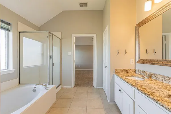 a bathroom with a granite countertop tub sink and mirror