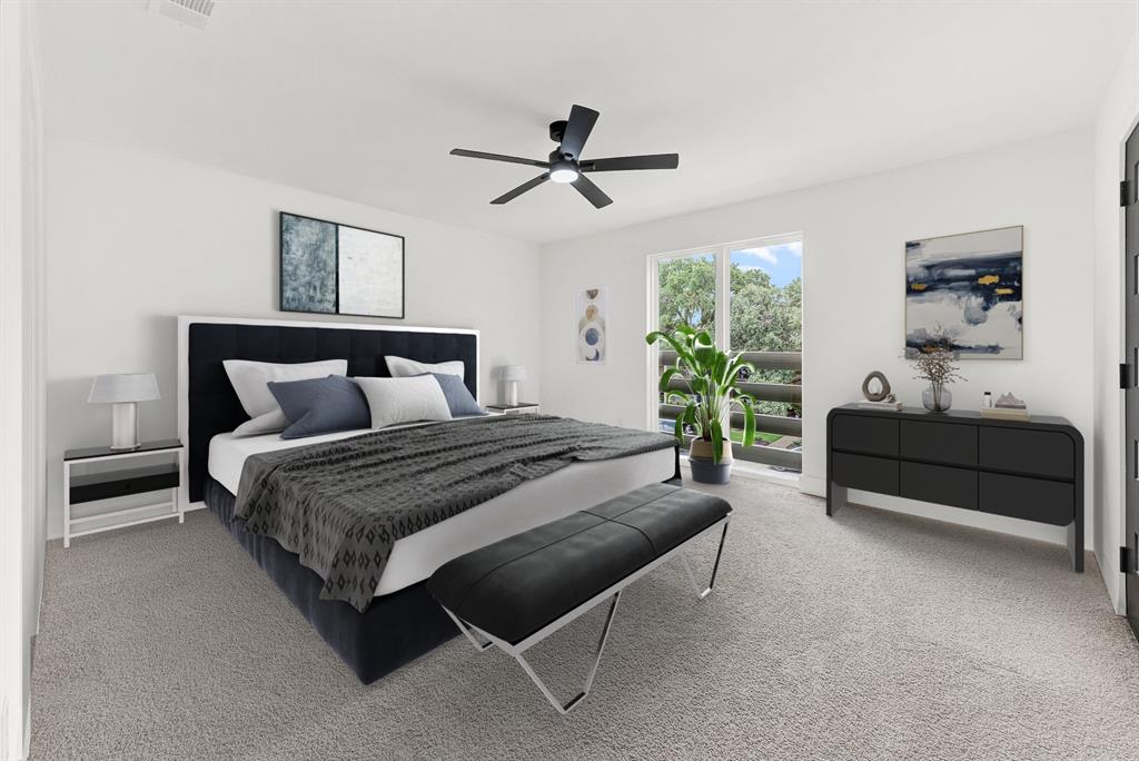 9471 Timberleaf Drive Dallas, TX 75243 - Photo 20 of 40 Bright bedroom featuring light-colored carpeting and a contemporary ceiling fan