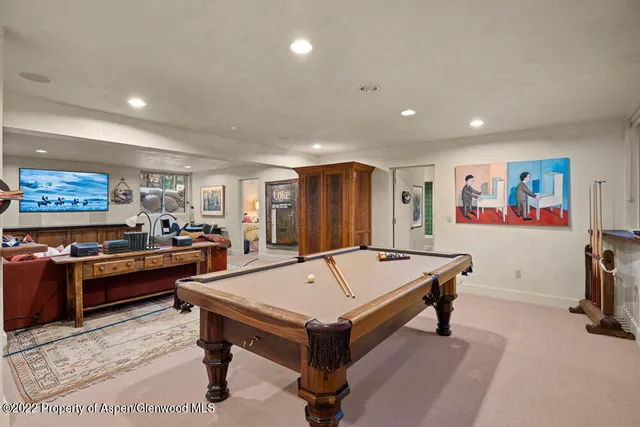 a room with furniture pool table and a flat screen tv