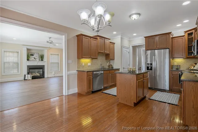 a kitchen with stainless steel appliances granite countertop a stove and a refrigerator