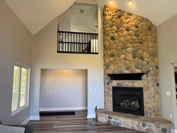 a living room with a fireplace