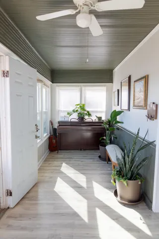 a living room with furniture and a potted plant