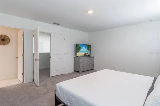 a bedroom with a bed and a television