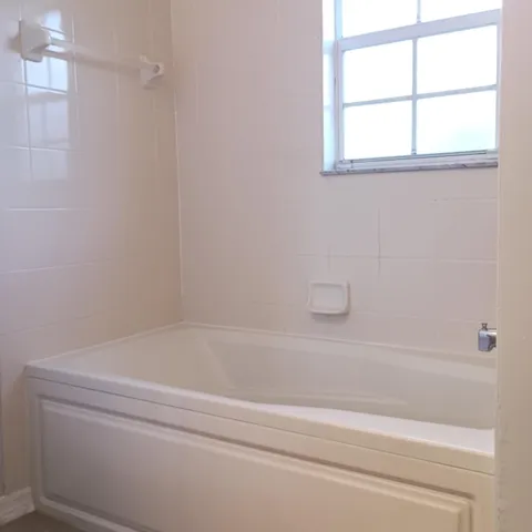 a bathroom with a bathtub and window