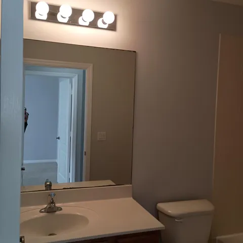 a bathroom with a sink a toilet and a mirror