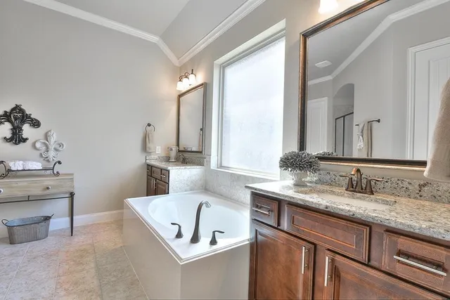 a bathroom with a granite countertop sink a large mirror and a bathtub