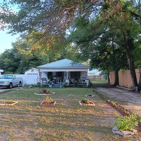 a view of a park with large trees