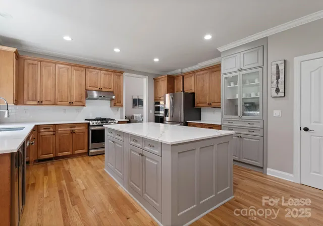 a kitchen with stainless steel appliances granite countertop a stove and a refrigerator