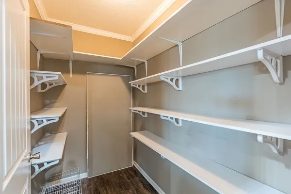 a view of walk in closet with clothes and shoes