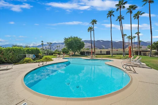 a view of a swimming pool with a yard and palm trees