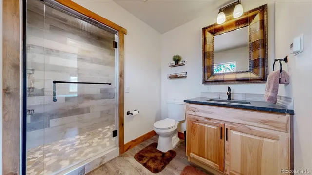 a bathroom with a granite countertop sink toilet and shower