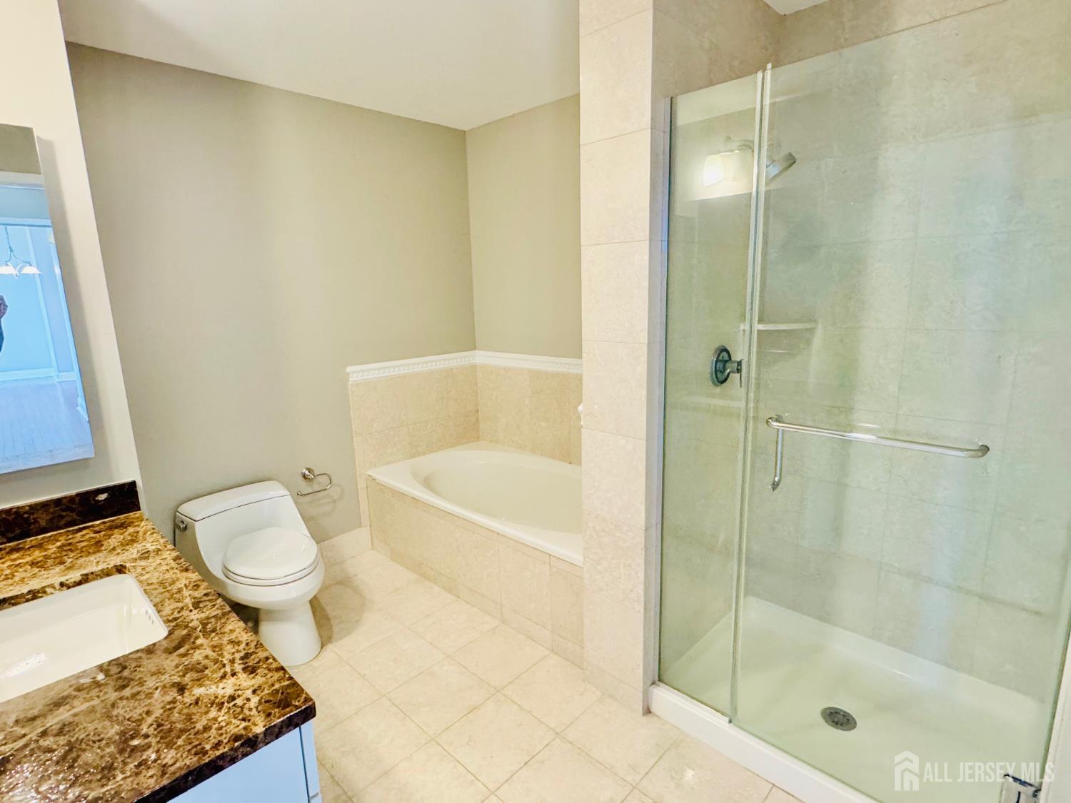 1 Spring Street, Unit 1806 New Brunswick, NJ 08901 - Photo 36 of 65 a bathroom with a granite countertop bathtub shower and toilet