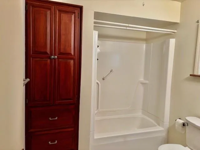 a bathroom with a shower and a toilet
