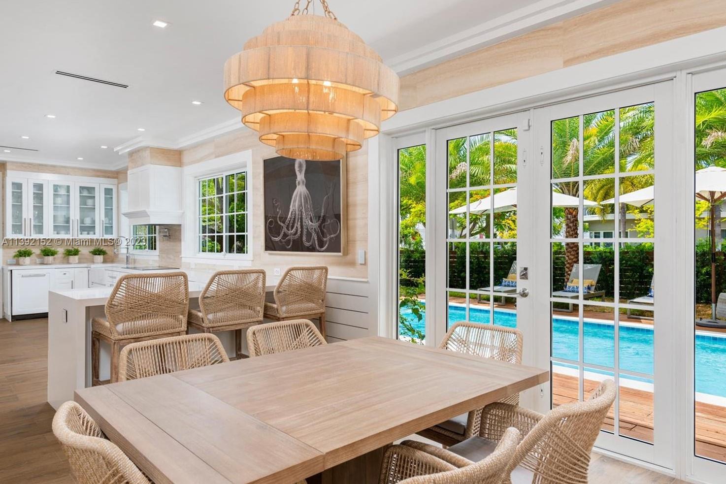 2575 Pine Tree Drive Miami Beach, FL 33140 - Photo 24 of 37 a view of a dining room with furniture a chandelier and wooden floor