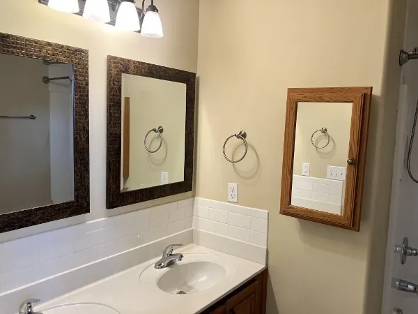 a bathroom with a sink and a mirror