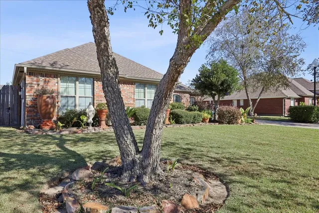 a view of a house with backyard and a tree
