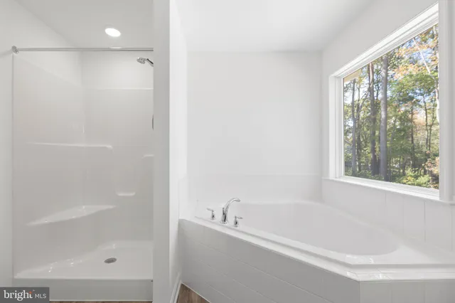 a bathroom with bathtub and window