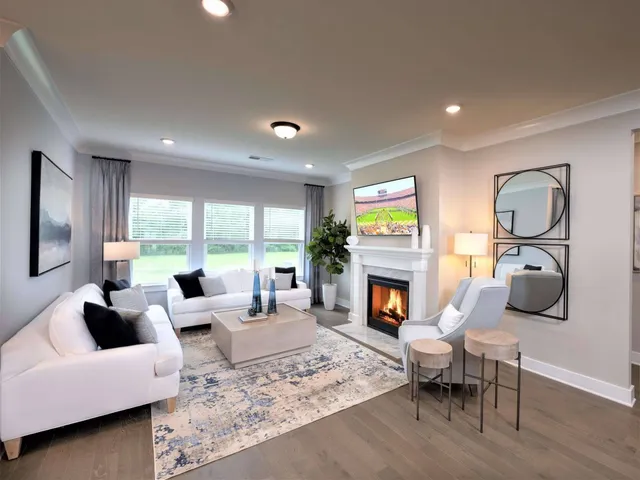 a living room with furniture a fireplace and a floor to ceiling window