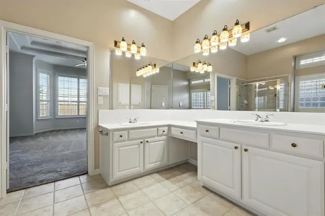 a bathroom with a sink vanity and a mirror