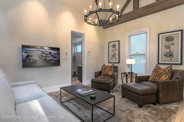 a living room with furniture a rug and a chandelier
