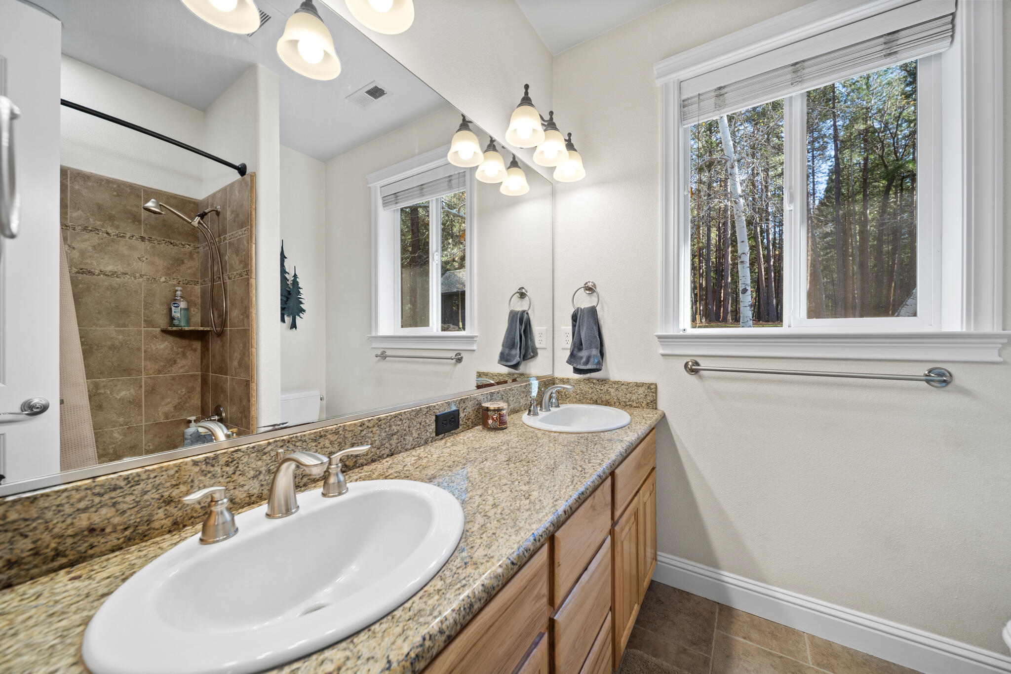 7795 Eastmoore Road Shingletown, CA 96088 - Photo 25 of 61 a bathroom with a granite countertop sink and a mirror