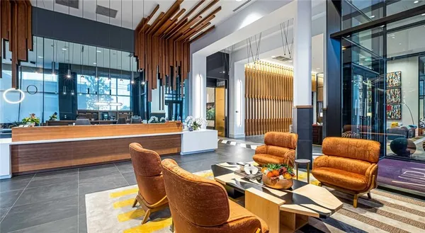 a building outdoor space with patio furniture