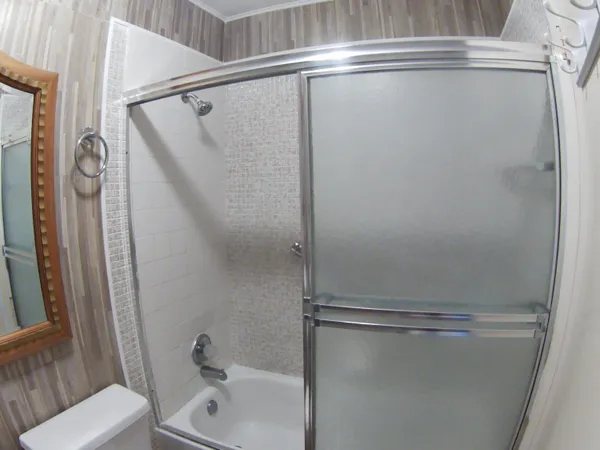 a bathroom with a shower and a toilet