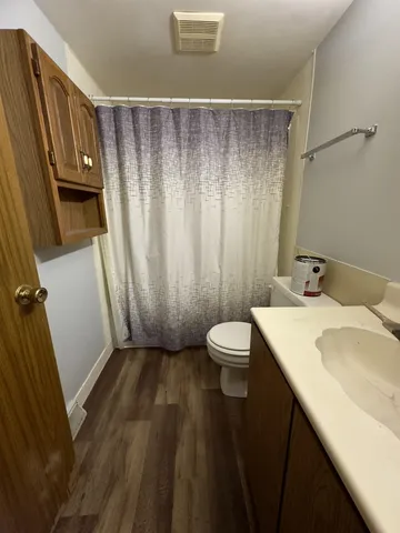 a bathroom with a sink a toilet a mirror and a tub