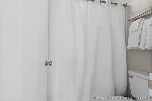 a bathroom with a shower curtain and a toilet