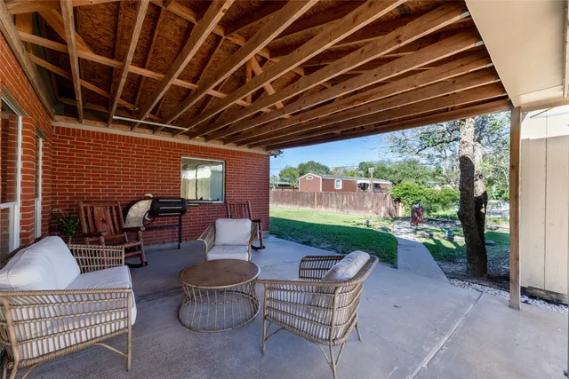 a garden view with a seating space