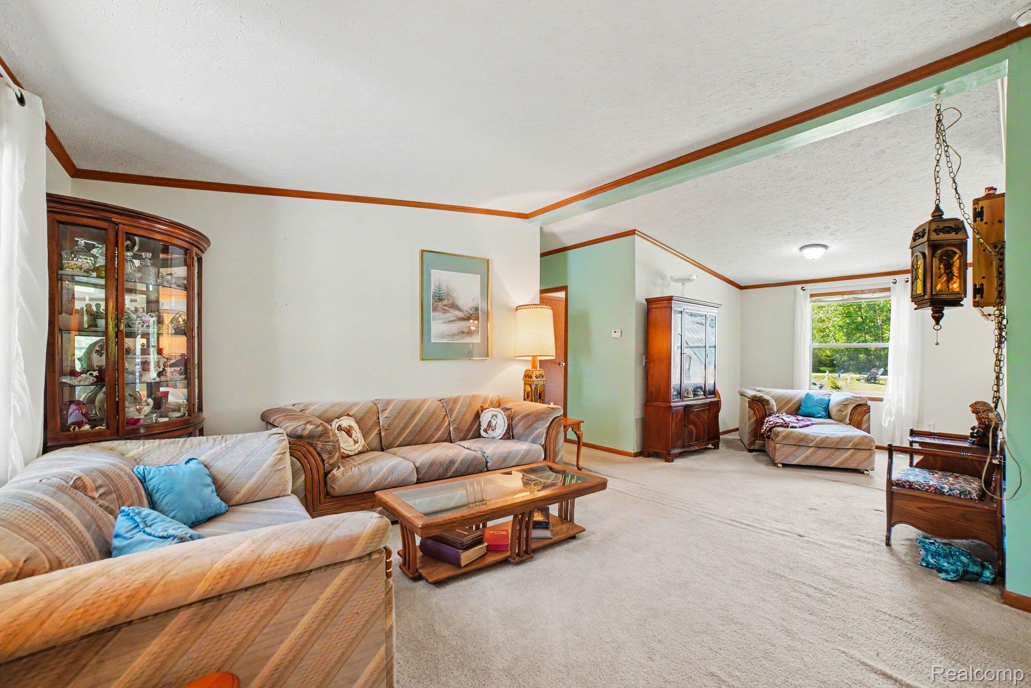 4772 South Bard Road Beaverton, MI 48612 - Photo 11 of 46 Spacious living area featuring light-toned carpeting and wood-finish trim accents