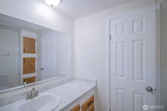 a bathroom with a sink and a mirror