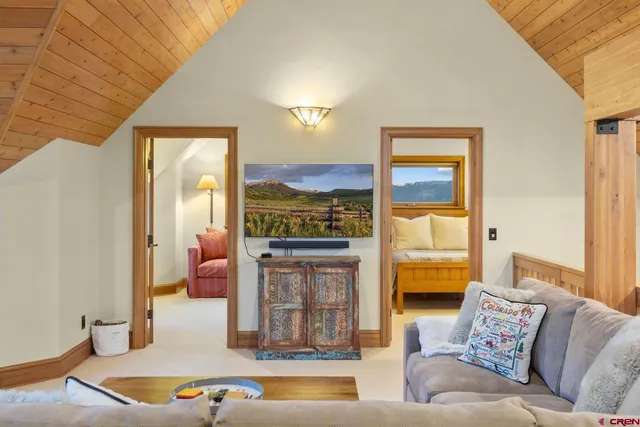 an aerial view of a house with outdoor space