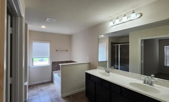 a bathroom with a tub a sink and a shower