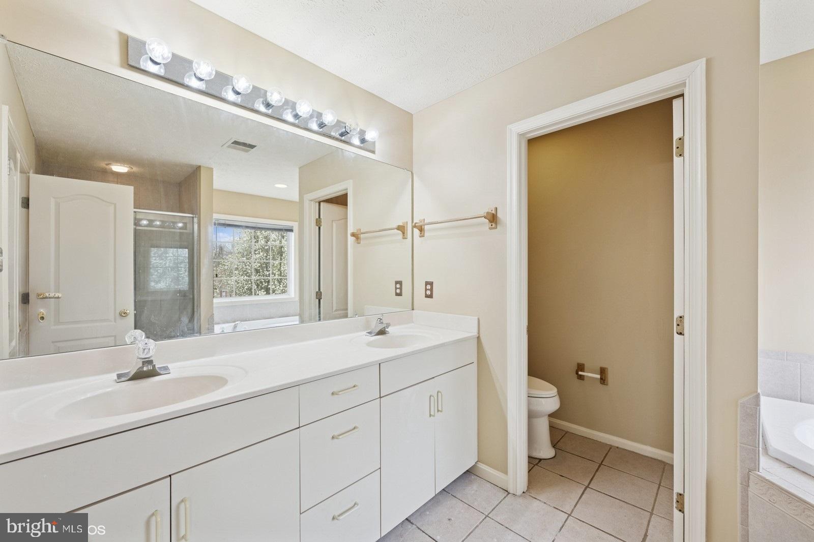6965 Hawkins Gate Road La Plata, MD 20646 - Photo 39 of 55 a spacious bathroom with a double vanity sink a mirror and a toilet