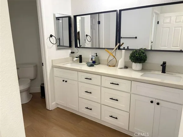 a bathroom with a double vanity sink a mirror and a toilet