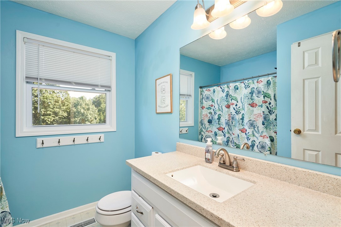 3741 Bassett Road Rootstown, OH 44272 - Photo 17 of 29 Full bath featuring vanity, a textured ceiling, a chandelier, and curtained shower