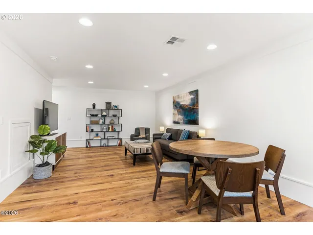 a view of a dining room with furniture