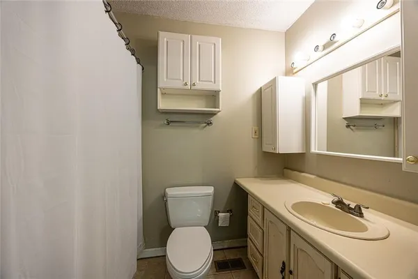 a bathroom with a sink a toilet and mirror