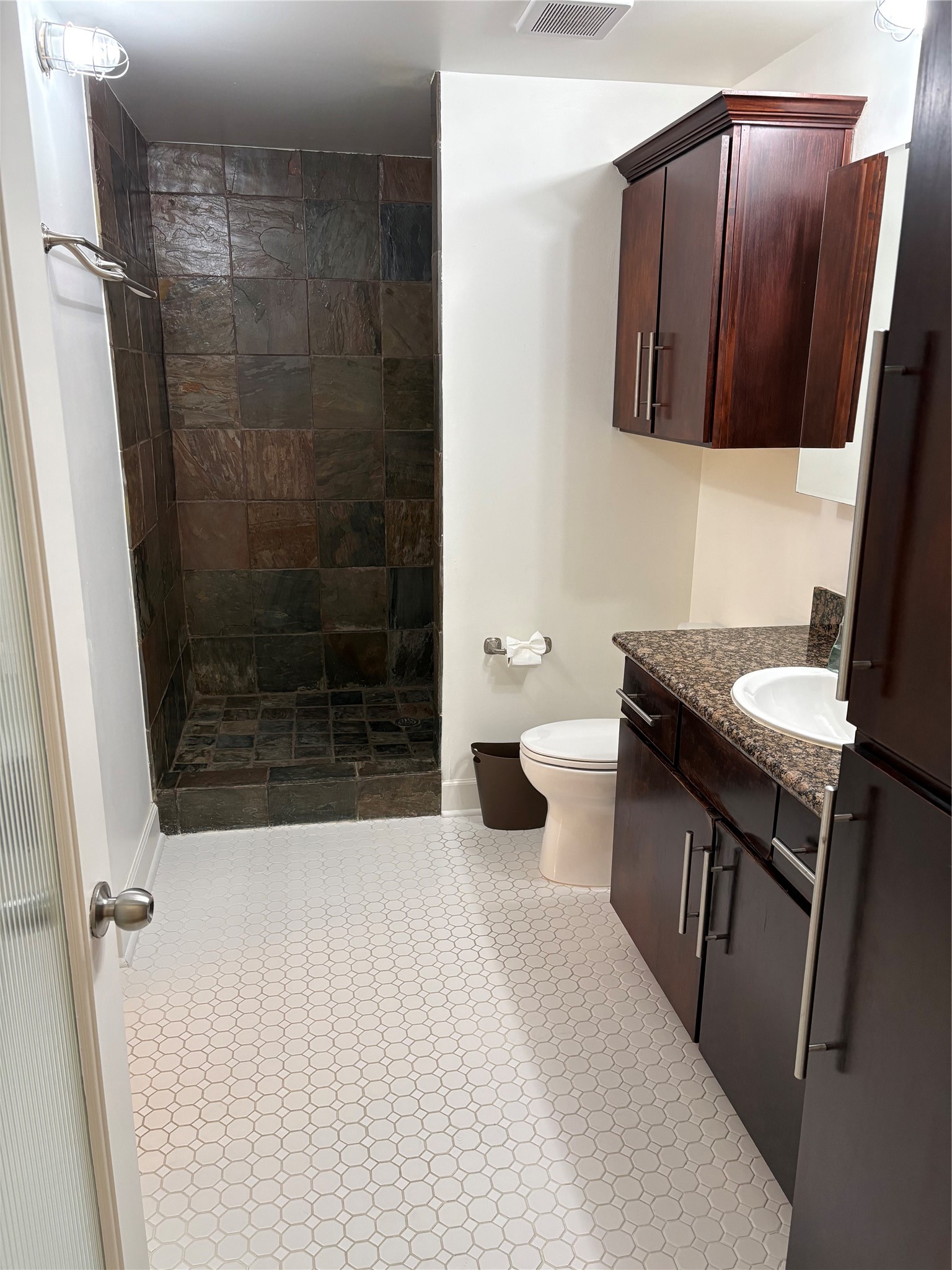705 Main Street, Unit 205 Houston, TX 77002 - Photo 5 of 6 a bathroom with a sink a toilet a shower and mirror