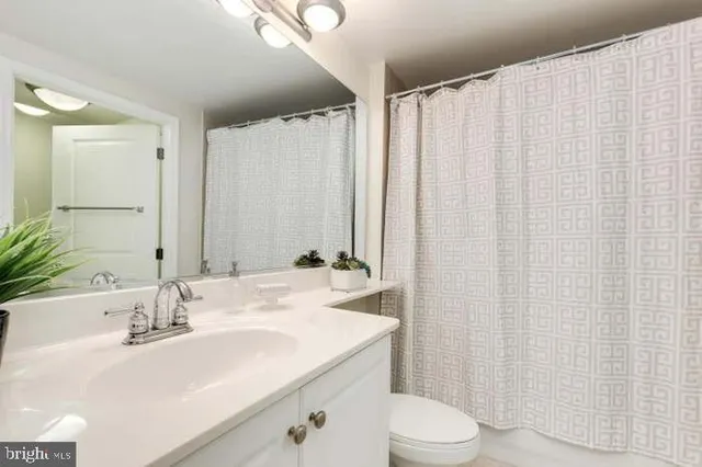 a bathroom with a sink a toilet and shower curtain