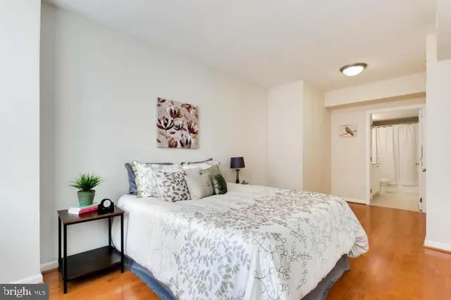 a bedroom with a bed and a potted plant on table