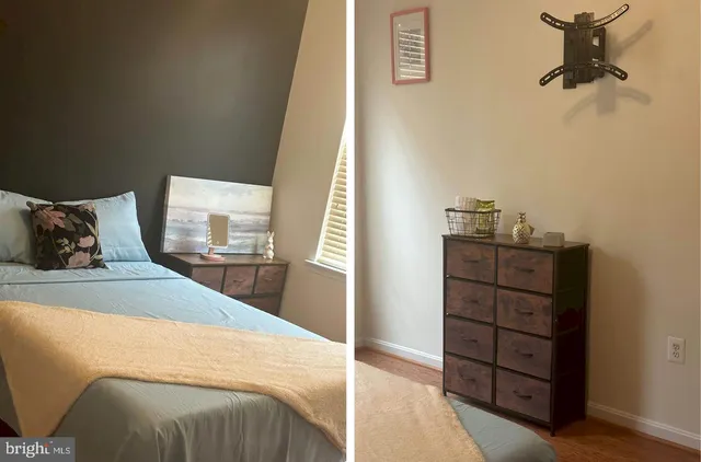 a bedroom with a bed and a cabinets