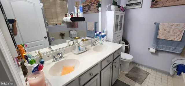 a bathroom with a sink mirror and toilet