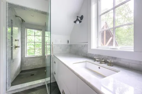 a bathroom with a sink and a shower