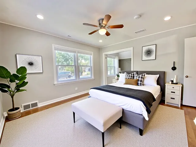 a bedroom with a large bed and a potted plant