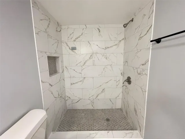 a bathroom with a shower and toilet