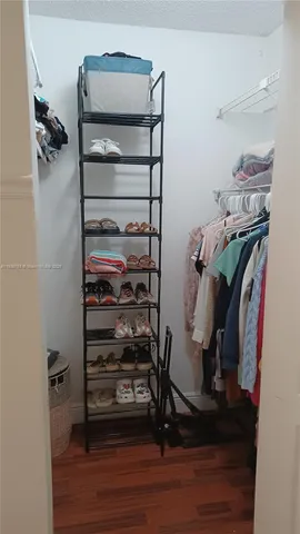 a view of walk in closet with clothes and shoes